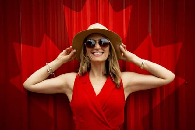 woman in red with red background